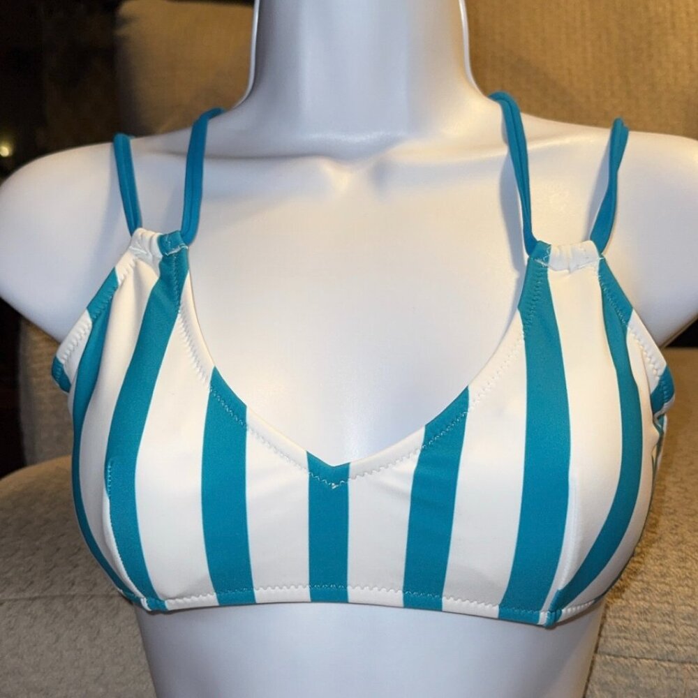 Turquoise and white striped bikini top